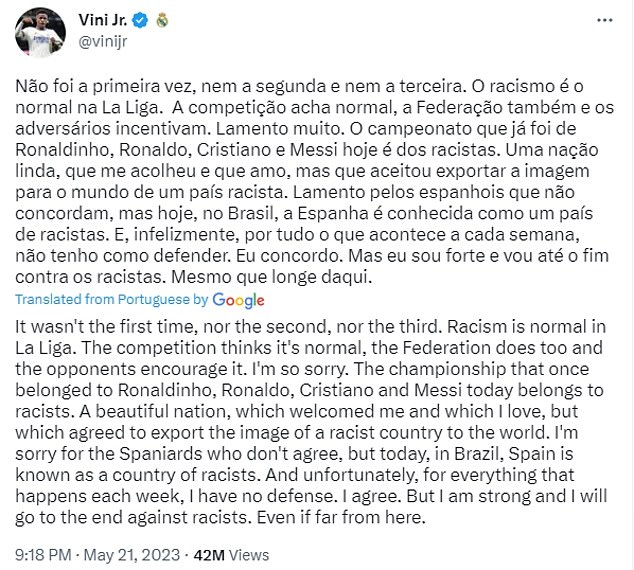 Vinicius took to social media after Madrid's match against Valencia last season and said: 'I will go to the end against racists'