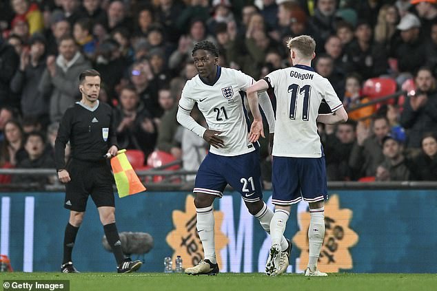 Manchester United star Kobbie Mainoo (left) is set to make his full debut against Belgium after earning his first cap as a substitute in the defeat to Brazil