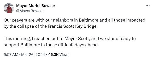 Bowser released a more formal response to the bridge collapse two hours later via her official mayoral account