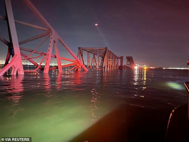 The ship collided with one of the bridge's supports, causing the structure to break and buckle at several points