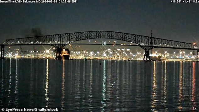 Livestream camera footage shows the moment a large section of the Francis Scott Key Bridge in Baltimore, Maryland falls into the water after a ship strike, on March 26, 2024.