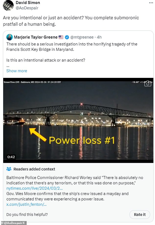 Representative Greene was among those who promoted a conspiracy on social media that the Francis Scott Key Bridge collapse and shipping container crash was either a “terrorist attack” or an “inside job.”