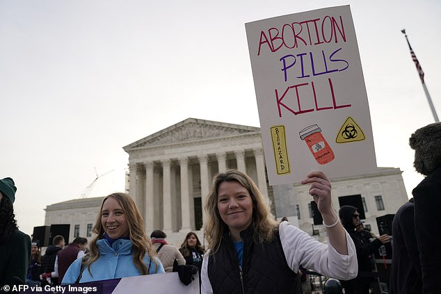 Protesters against abortion rights gathered with signs targeting women's health and arguing that 