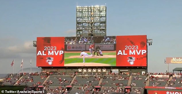 Highlights from Ohtani's MVP season were shown on the screen when he came to bat