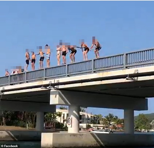 The tragic death follows several police warnings against jumping from the Noosa Sound Bridge (file image of people jumping from the bridge)