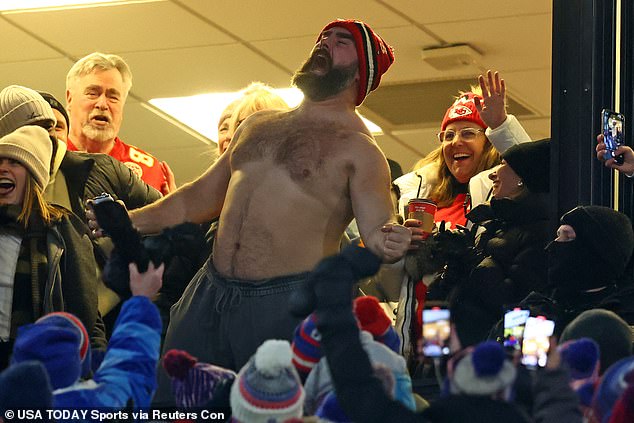 Jason joined Taylor Swift in a VIP suite before taking off his shirt and having a beer in Buffalo