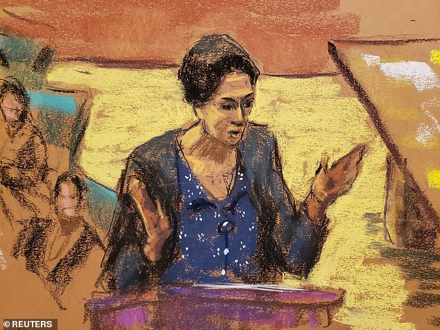 A court sketch of Shihata presenting her rebuttal during the closing arguments of R Kelly's sexual abuse trial in Brooklyn Federal District Court in 2021