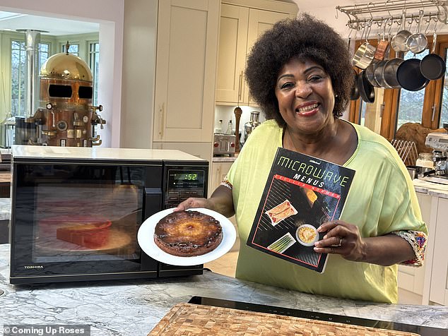 The Channel 5 program also took a nostalgic look back at much-loved lunch dishes from the 1980s, including Club Bars, Billy Sausage and Quiche Lorraine.  Pictured: TV chef Rustie Lee makes a classic '80s pineapple upside-down cake