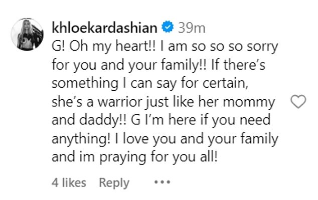 Mother-of-two Khloe commented on Gunnar's Instagram post, describing his daughter as a 'warrior'