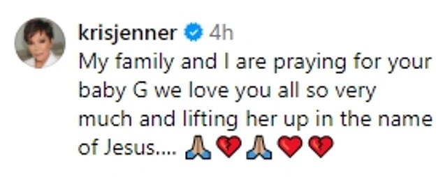 Khloe's mom Kris Jenner responded to Gunnar's post, saying she's 