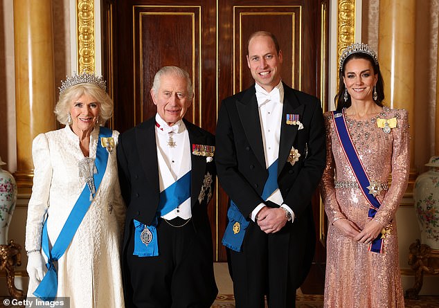 The woman's brief conversation with Camilla about the loss of her husband took on special poignancy due to the King and Princess of Wales' recent cancer diagnoses.  Camilla is pictured with King Charles, Prince William and Princess Catherine ahead of the diplomatic reception in the 1844 Room of Buckingham Palace last December