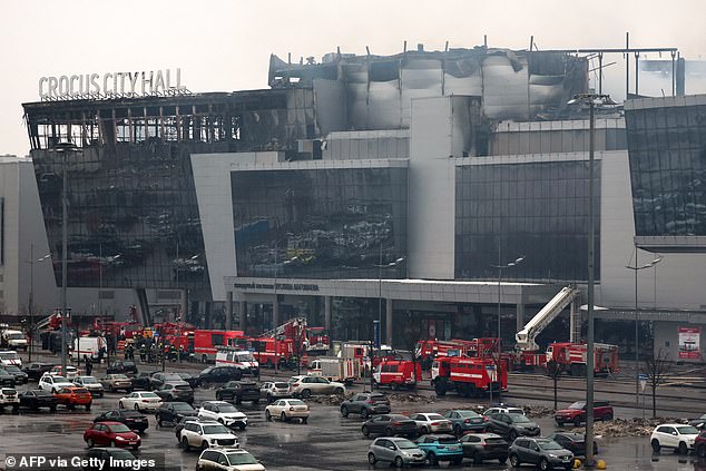 The burned remains of the Crocus City Hall concert hall after the March 22 massacre