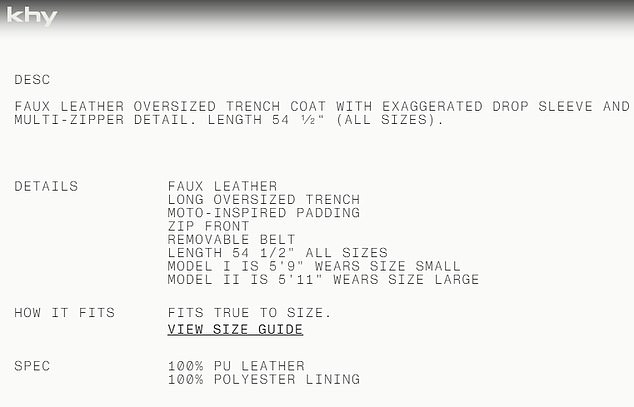 The product specifications online confirm that the trench coat is made of 100% PU leather or polyurethane