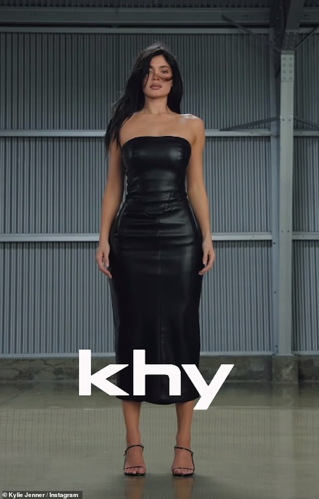 In a series of ads promoting the new line, Kylie herself was seen wearing a black bodycon strapless PU leather dress