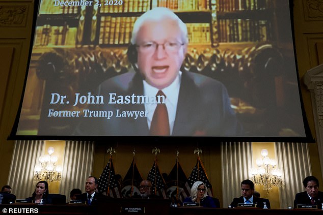 John Eastman, former lawyer for former US President Donald Trump, is seen in a video shown above during the fourth of eight planned public hearings of the US House Select Committee to investigate the January 6 attack.