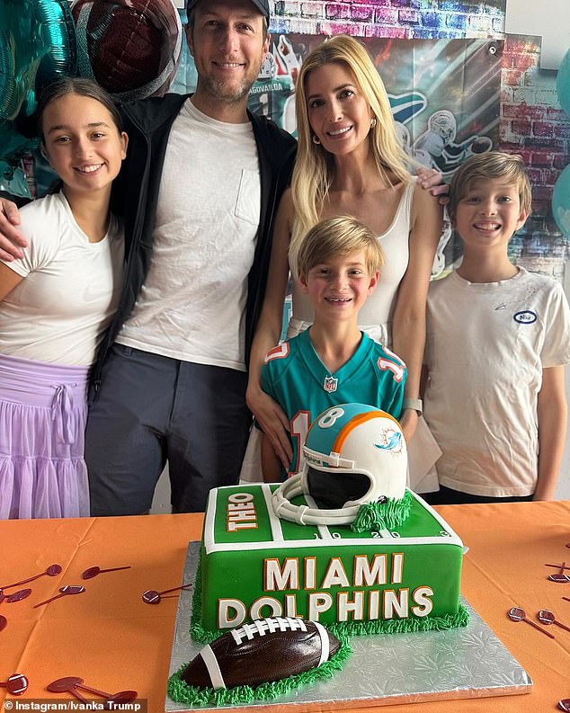 Ivanka and husband Jared Kushner, 43, were smiling from ear to ear as they posed for a photo at Theo's Miami Dolphins-themed birthday party