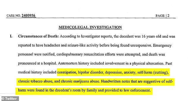 A recently released 11-page autopsy report determined that Nex's death was a suicide and that the teen had taken a lethal combination of antidepressants and antihistamines.