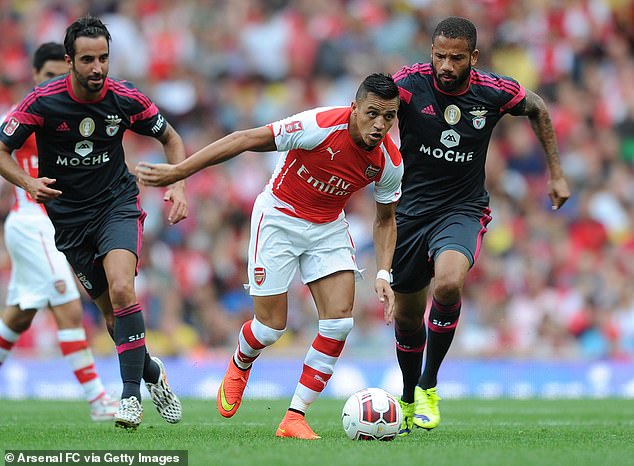 Amorim (left) is pictured playing for Benfica against Arsenal in the Emirates in August 2014