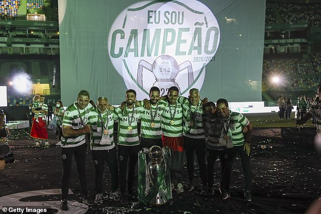 Amorim (centre) has won two league titles with Sporting since taking over the club in 2020