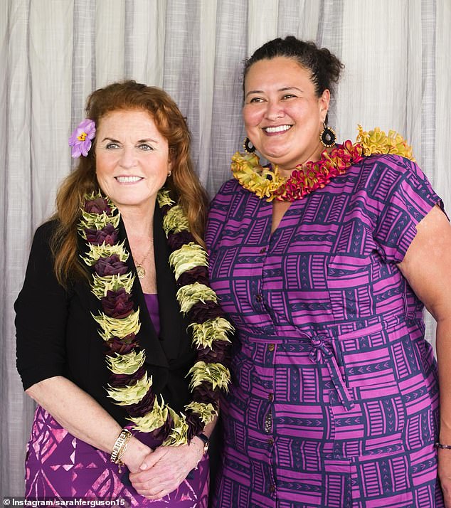 The Duchess of York wore a purple print dress and a traditional streamer necklace
