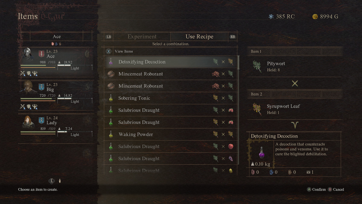 A Dragon's Dogma 2 menu shows the list of item recipes.