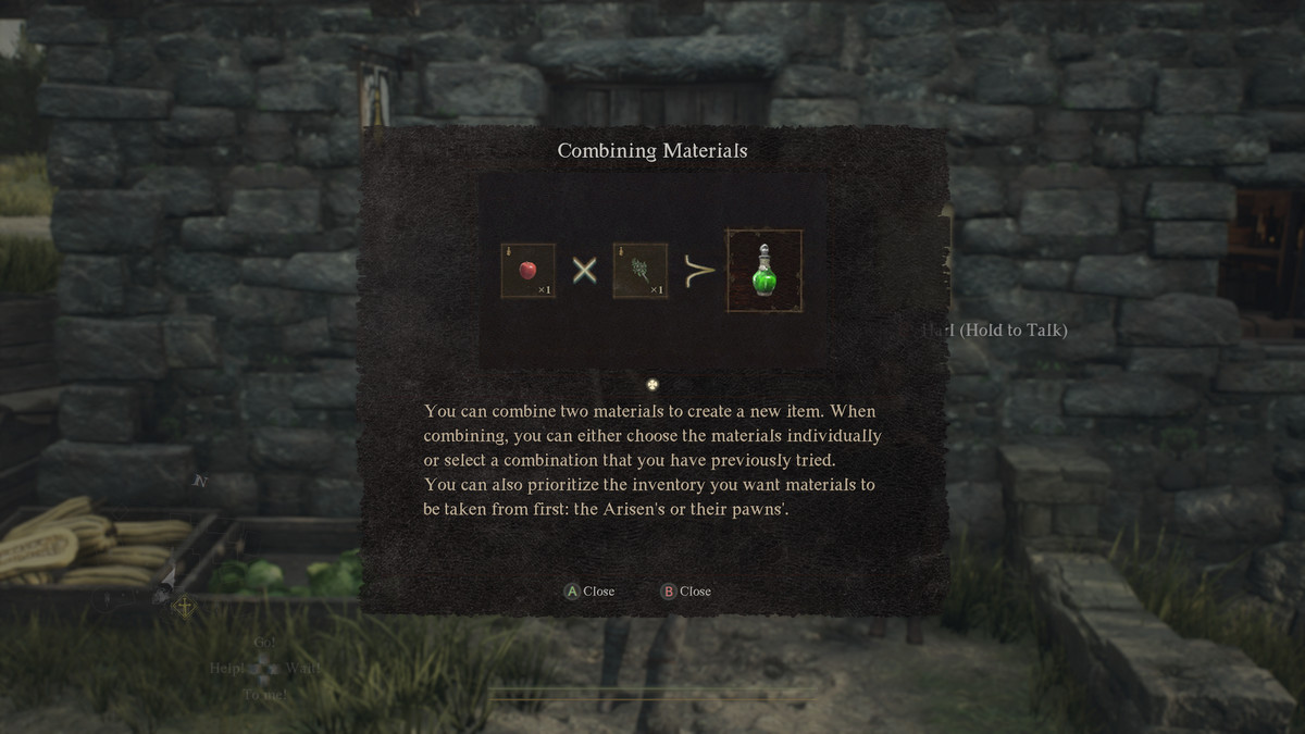 A pop-up from Dragon's Dogma 2 shows how to combine items for item recipes.