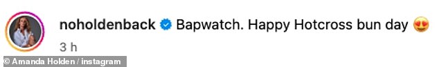 She cheekily captioned the eye-catching clip: “Bapwatch.  Happy Hotcross sandwich day'