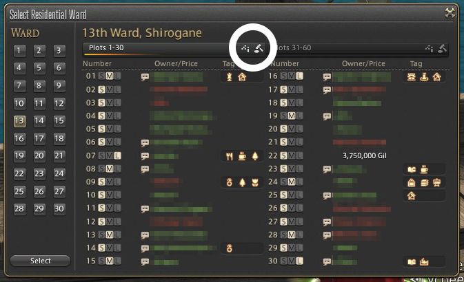 A list of housing departments in FFXIV with the names blurred