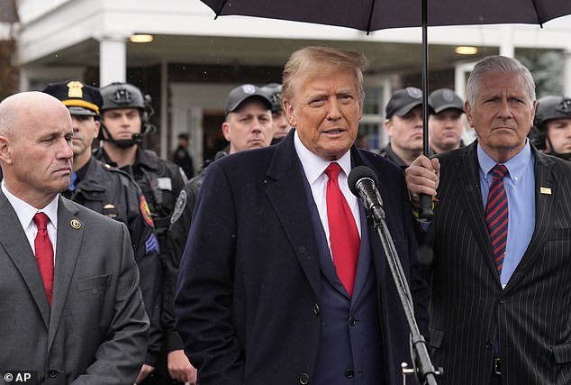 While the three Mount Rushmore wannabes were milking the wealthy Gothamites, Republican presidential candidate Donald Trump comforted the young widow and infant son of a slain New York City police officer.  (Above) Former President Trump at Officer Jonathan Diller's wake in Massapequa, New York on March 28, 2024.