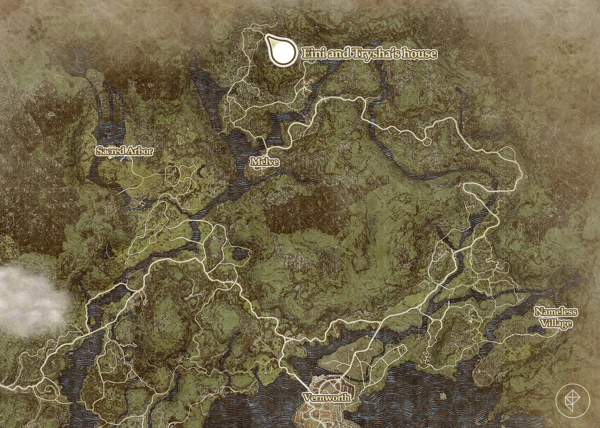 Dragon's Dogma 2 map showing the location of Trysha and Eini's house