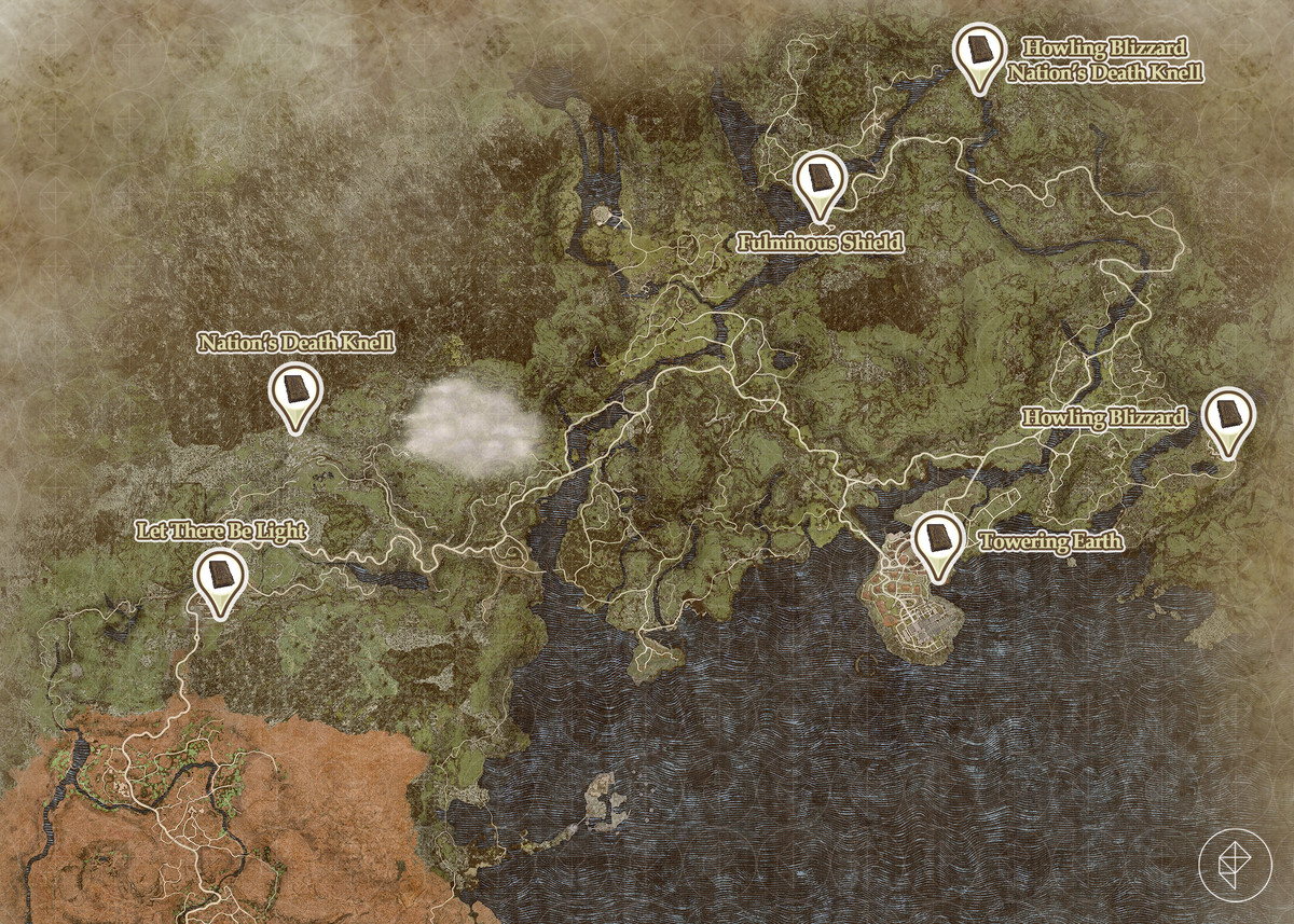 Dragon's Dogma 2 map showing the locations of the five (seven in total) grimoires