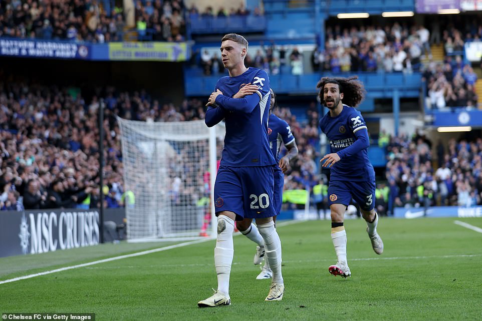 Palmer celebrates after putting his side back ahead in the Premier League match with his second goal of the game