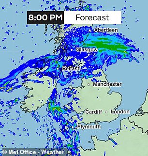 Northern parts of Scotland, where the lights are most active, will see heavy rain for most of the evening