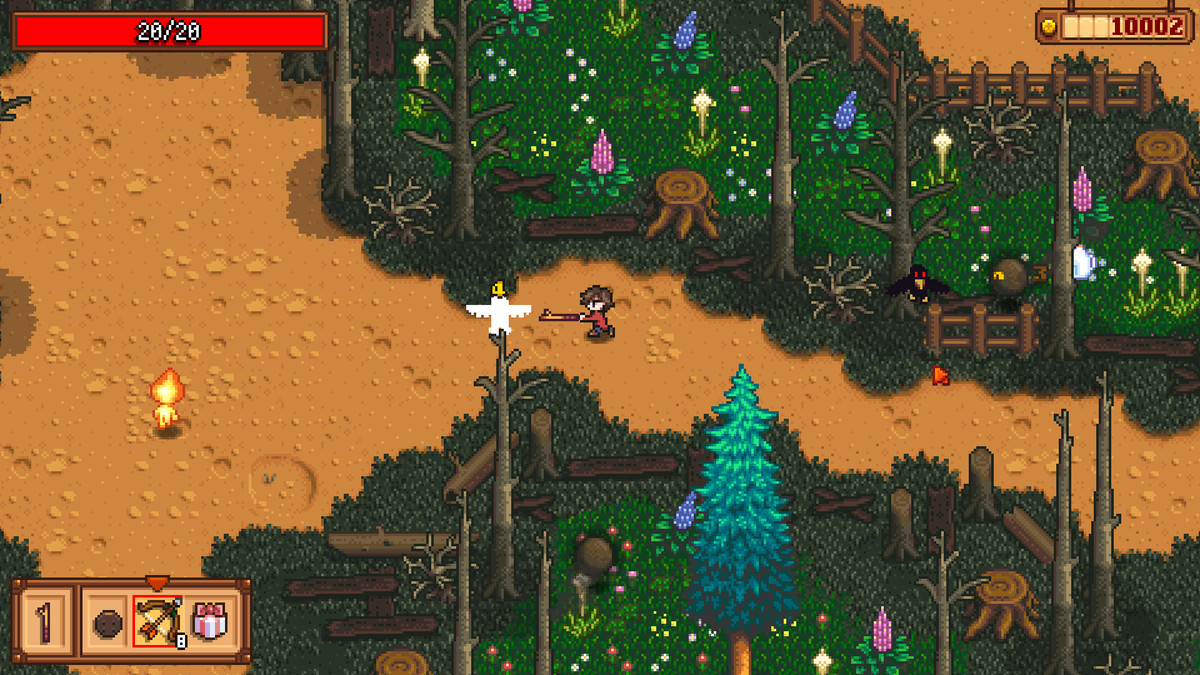 An image of a character waving a stick in the woods rendered in pixel art in a screenshot from Haunted Chocolatier.