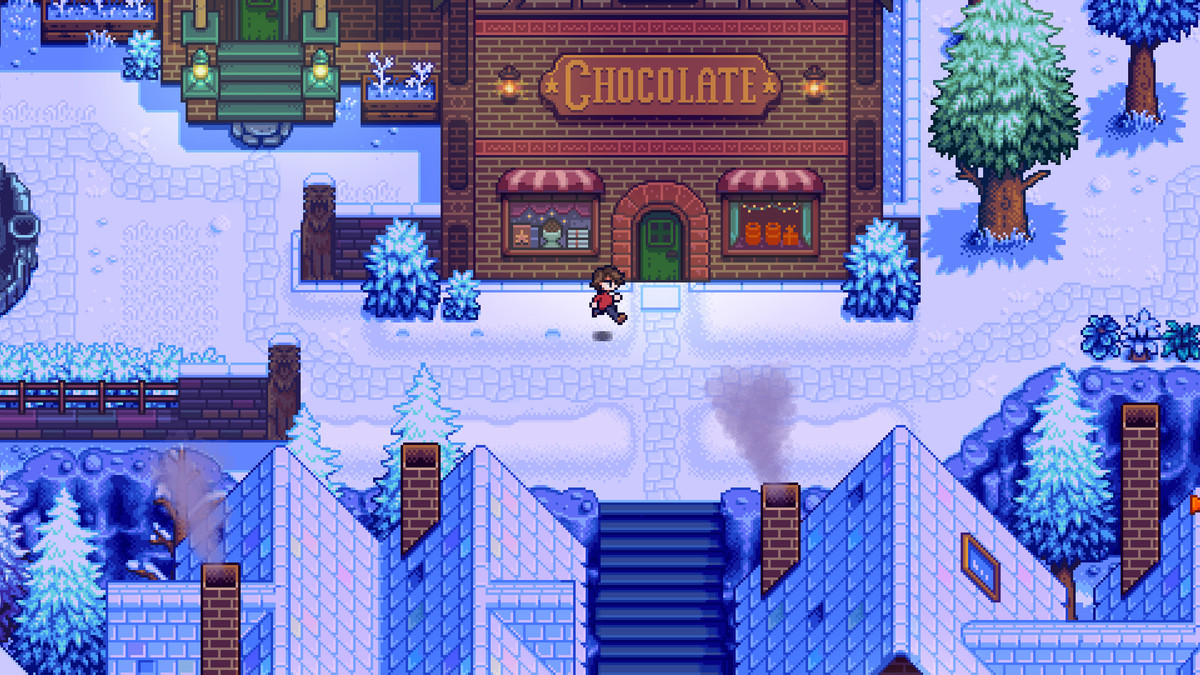 An image of a character walking displayed in pixel art in a screenshot from Haunted Chocolatier.  They stand in front of a brick storefront with a sign that says 