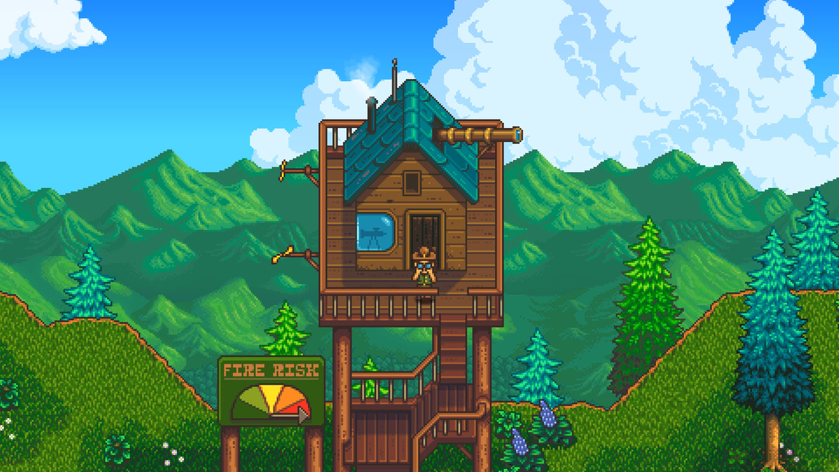 An image of a fire lookout displayed in pixel art in a screenshot from Haunted Chocolatier.  There's a house on top and a character with a brimmed hat on it.