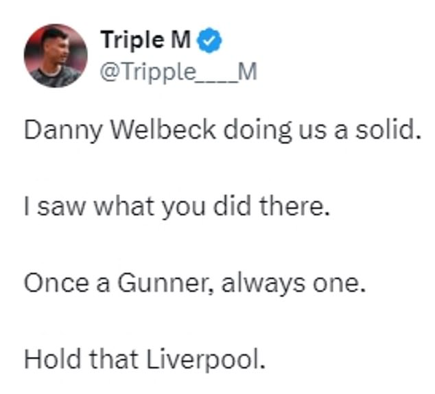 1711897088 180 Arsenal fans hail former player Danny Welbeck for denting Liverpools