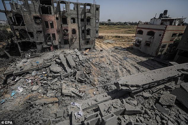 A view of a destroyed house after an Israeli airstrike in the Al Maghazi refugee camp, in the south of the Gaza Strip, on March 31