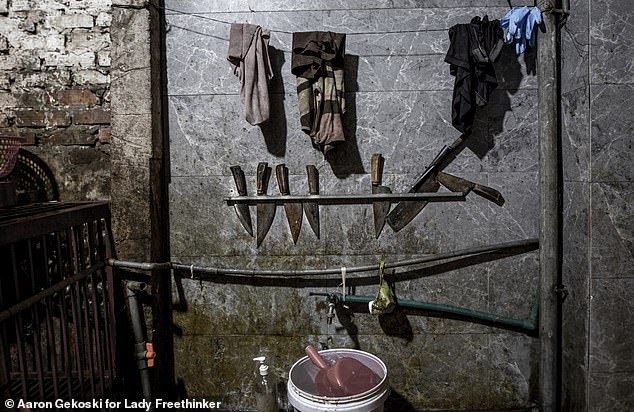 Workers grabbed the struggling dogs by the neck with long metal tongs and beat them