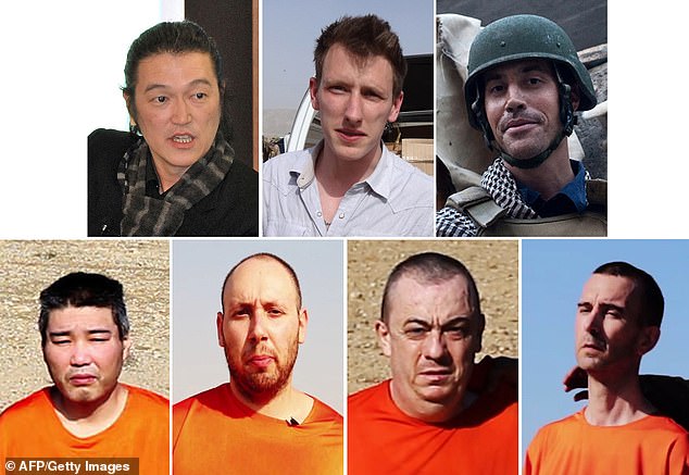 (From top left to bottom R) Japanese freelance video journalist Kenji Goto, American aid worker Peter "Abdel-Rahman" Kassig, American freelance reporter James Foley, Japanese national Haruna Yukawa, American freelance writer Steven Sotloff, British national Alan Henning and British aid worker David Haines, the victims of Islamic State militants known as the 'Beatles'