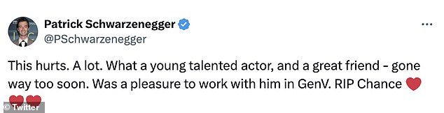 Arnold Schwarzenegger's son, 30, plays Luke Riordan/Golden Boy in The Boys spin-off, tweeted: 'This hurts.  A lot of.  What a young talented actor and a great friend, gone far too soon.  It was a pleasure to work with him in GenV.  RIP Chance ¿¿¿¿¿¿'