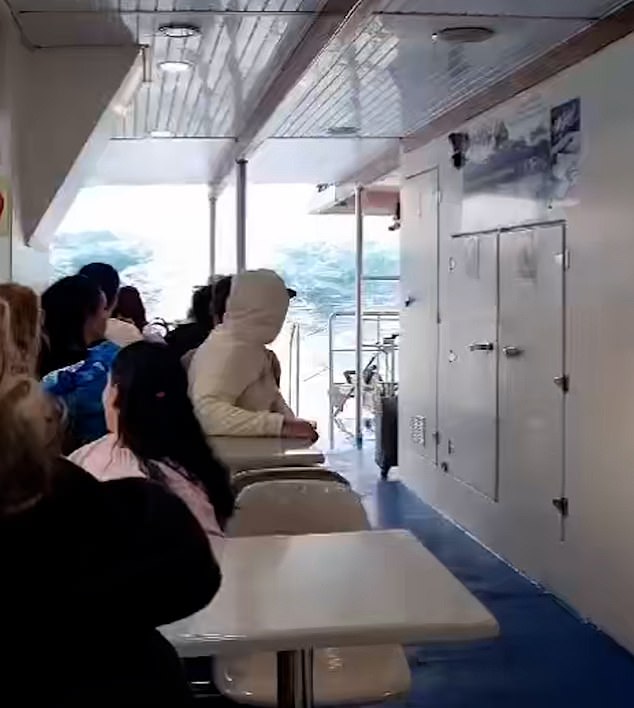 The huge wave can be seen rising to at least one deck of the ferry