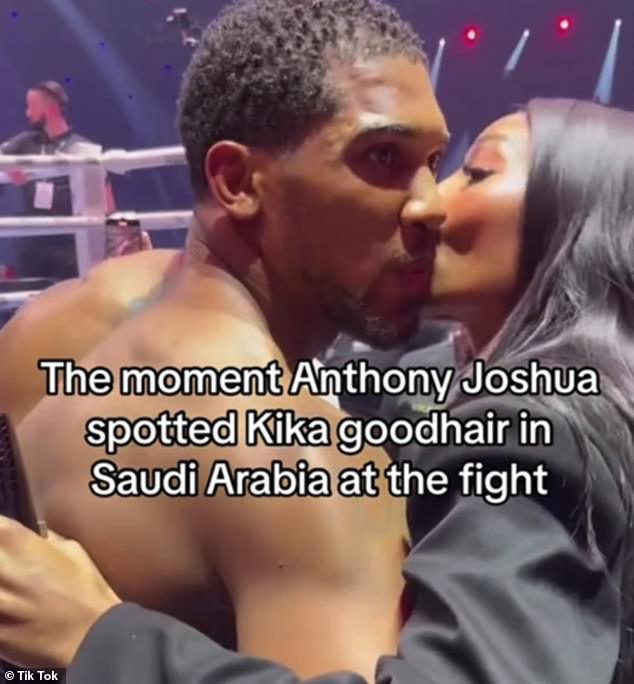 The boxing champion cuddled into the anesthetic as they rode a quad bike through the desert after sharing a ringside kiss during Francis Ngannou's demolition in nearby Saudi Arabia.