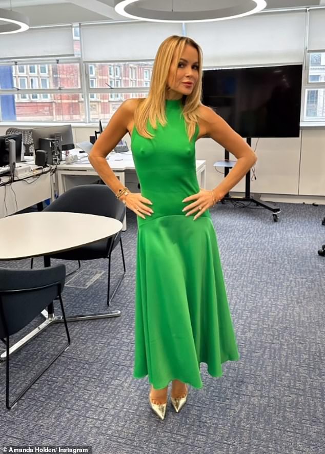 Amanda Holden, 53, opted for a very racy display as she presented the Heart FM breakfast braless on Wednesday morning