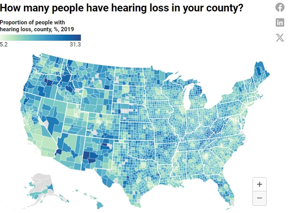 The map above shows the percentage of people estimated to have hearing loss, by province