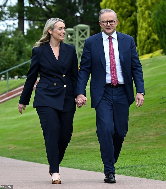 A senior minister in Anthony Albanese's government has been criticized for saying the US is not Australia's most trusted security partner.  Mr Albanese is pictured with his partner Jodie Haydon