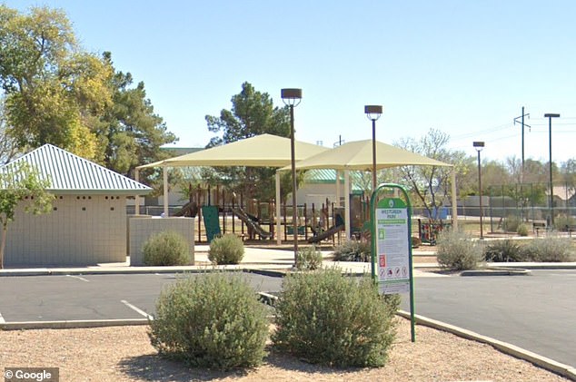 She reportedly drove her white Chevy Silverado, with her four children inside, toward 15 children standing in the playground at WestGreen Park (pictured) in Peoria, Arizona, after an altercation on Tuesday.