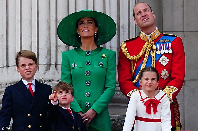 Kate, Prince William, Prince George, Prince Louis and Princess Charlotte look to the sky during last year's Trooping the Color event