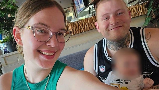 A young Adelaide couple is left red-faced after a date night turned into an all-out brawl in a kebab shop (pictured are Brook Haynes and Dakota Jenkins with their 11-month-old son)