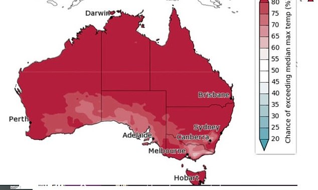 The percentage chance that the average maximum temperature will be exceeded.  Image: BOM